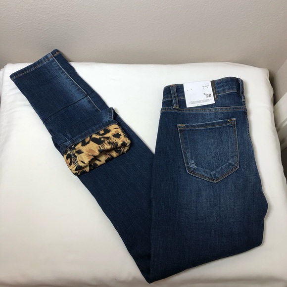 KanCan Stretchy Mid Rise Distress Ripped Leopard Patch Ankle Skinny Blue Jean 28 - Picture 14 of 15